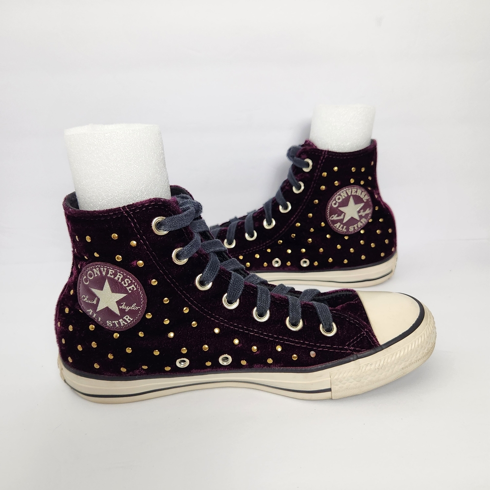 Converse Size 7 All Star Lux Velvet Hidden Wedge ‘Dark Sangria’ Studded Sneakers